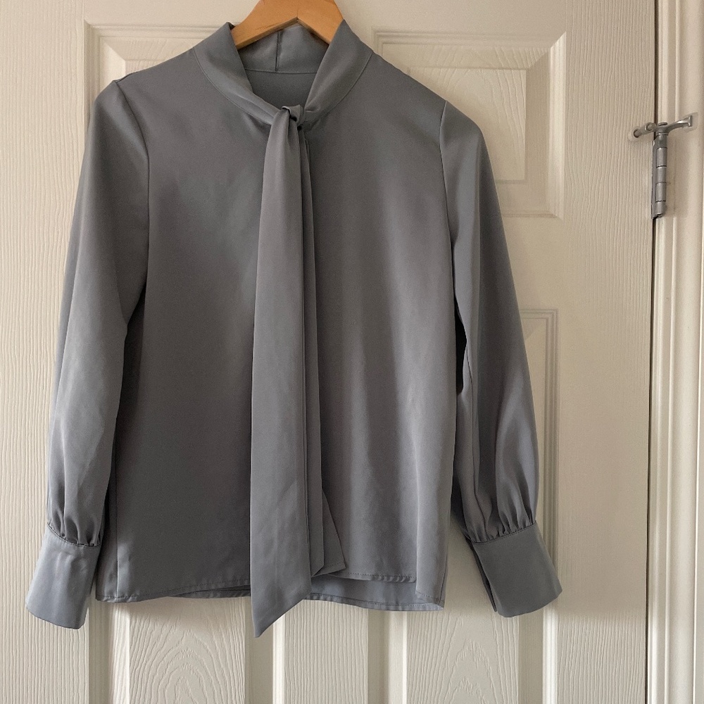 Satin grey blue button up blouse with tie